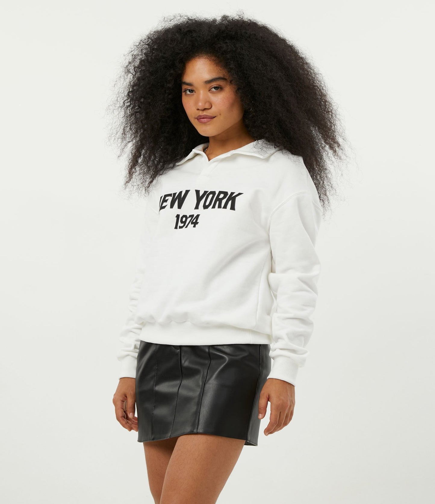 White Sweatshirt with Polo Collar and New York 1974 Lettering