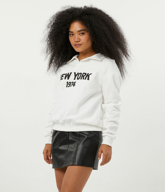 White Sweatshirt with Polo Collar and New York 1974 Lettering