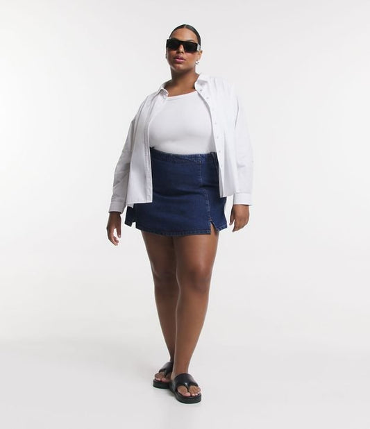 Saia jeans curta com fechamento lateral por zíper, Curve & Plus Size, azul
