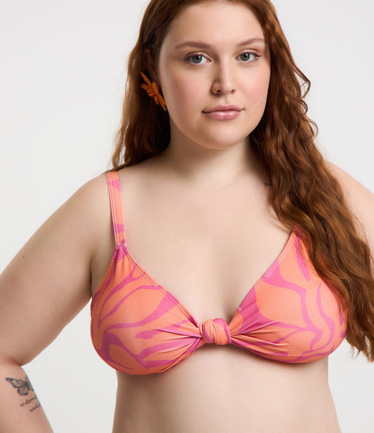 Top de biquíni Twist-Front em poliamida com estampa orgânica, Curve & Plus Size, Rosa/Laranja