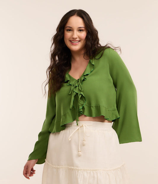 Blusa Verde com Laço de Babado e Mangas Sino, Tamanhos Plus e Curvy