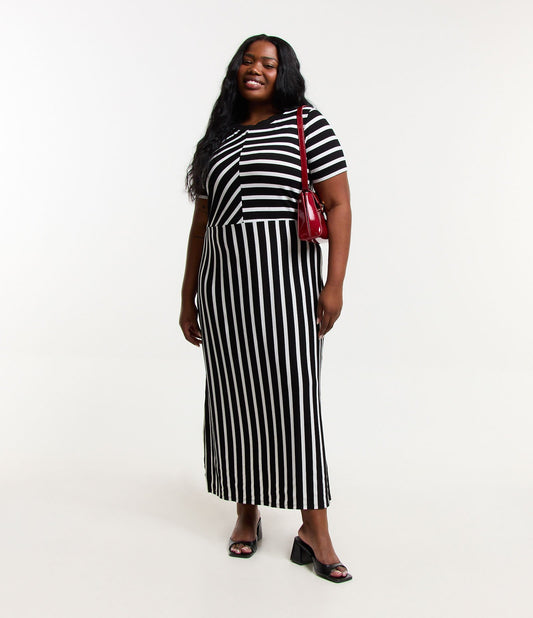 Vestido midi de crepé a rayas Curve & Plus Size Negro/Blanco
