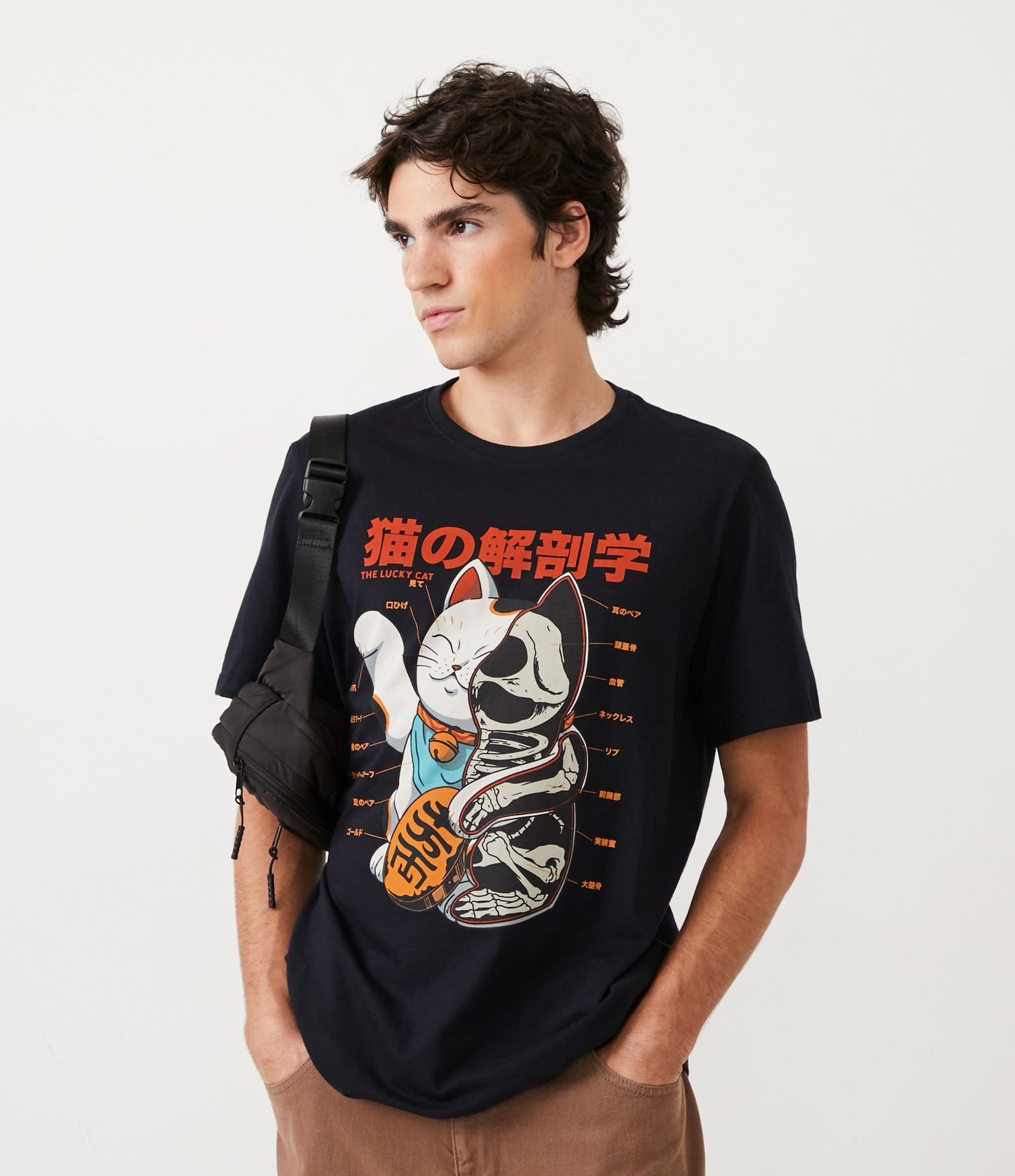 Regular Fit T-Shirt in Half Knit with Black Japanese Cat Anatomy Print