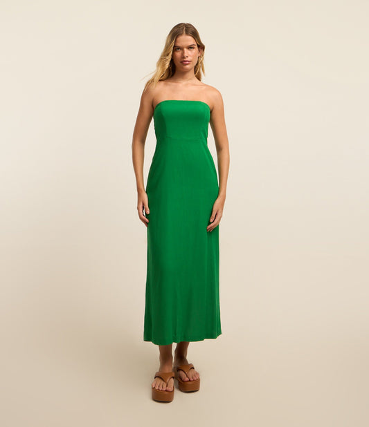 Nuovo abito midi verde in viscosa e lino con smocking