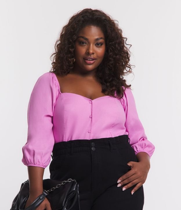 Blusa de linho de manga 3/4 com botões, Curve & Plus Size, rosa