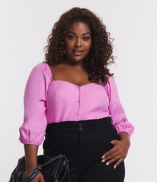 Blusa de linho de manga 3/4 com botões, Curve & Plus Size, rosa