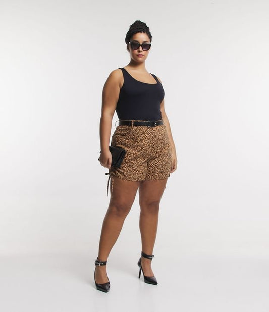 Pantalones cortos de sarga con cintura de lazo y estampado animal marrón - Estampado de leopardo, Curvas y tallas grandes