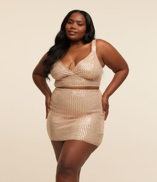 Gonna corta in maglia con paillettes in oro - Curve e taglie forti
