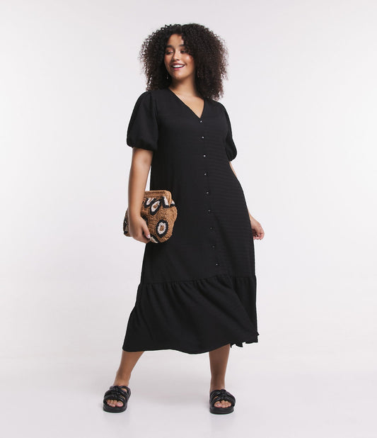 Vestido Midi Texturizado con Botones, Curvas y Tallas Grandes, Negro