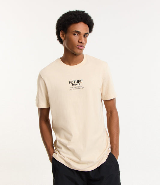 Maglietta lunga beige in tessuto a maglia con stampa "No Way Out".