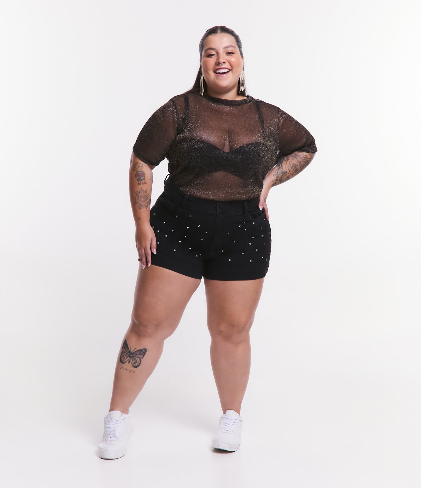 Black Curve & Plus Size Short Jeans with Shiny Studs