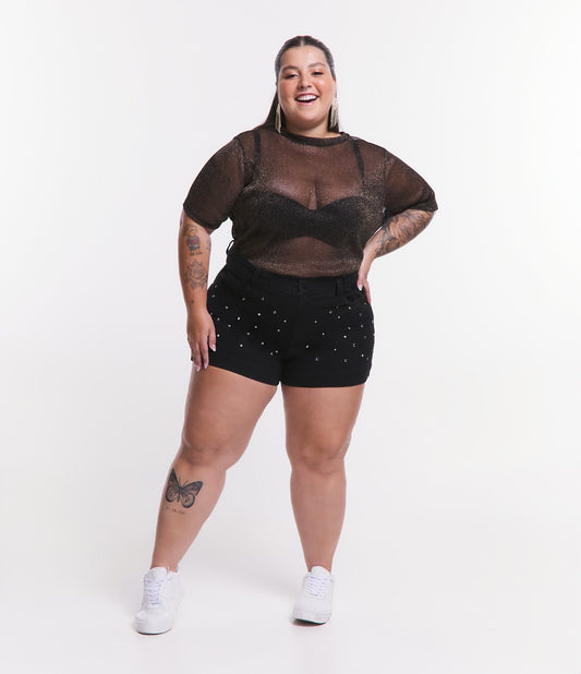 Jeans curtos Black Curve & Plus Size com tachas brilhantes