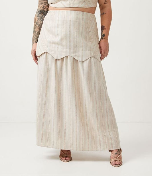Falda larga de lino con estampado de rayas y superposiciones Beige Curve & Plus Size