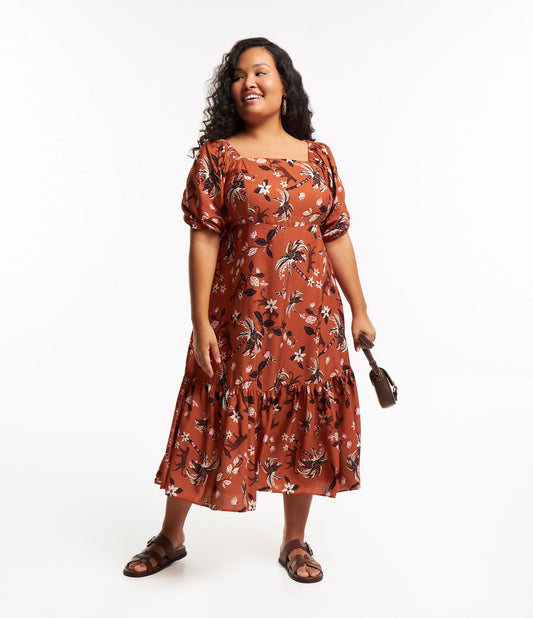 Vestido midi de viscosa con mangas abullonadas y estampado de leopardo, Curve y Tallas Grandes, Naranja
