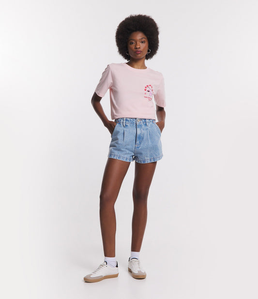 Short Baggy Jeans azul com pregas e bolsos inclinados