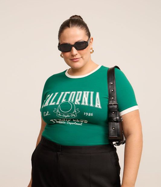 Maglietta in cotone verde con stampa California - Curve e taglie forti