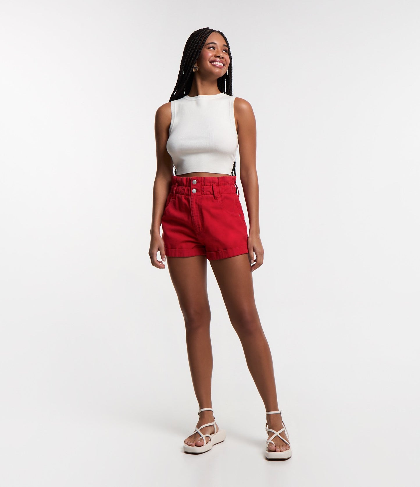 Shorts Baggy vermelhos de cintura alta em sarja com cós franzido