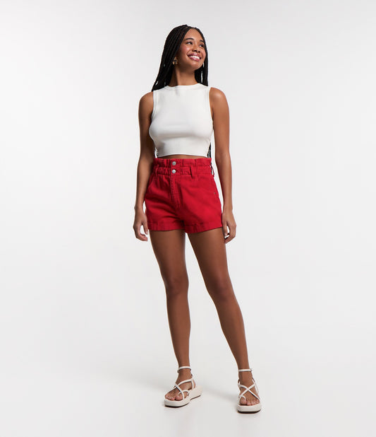 Shorts Baggy vermelhos de cintura alta em sarja com cós franzido