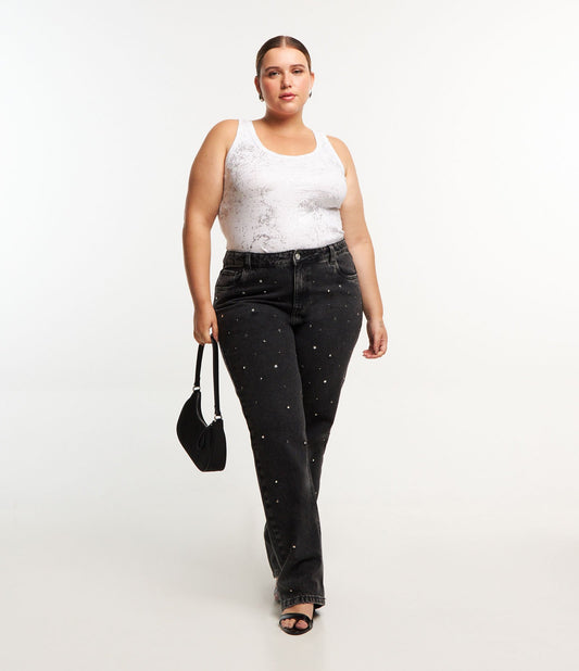 Vaqueros rectos con cintura de tiro medio y tachuelas, Curvas y tallas grandes, Negro
