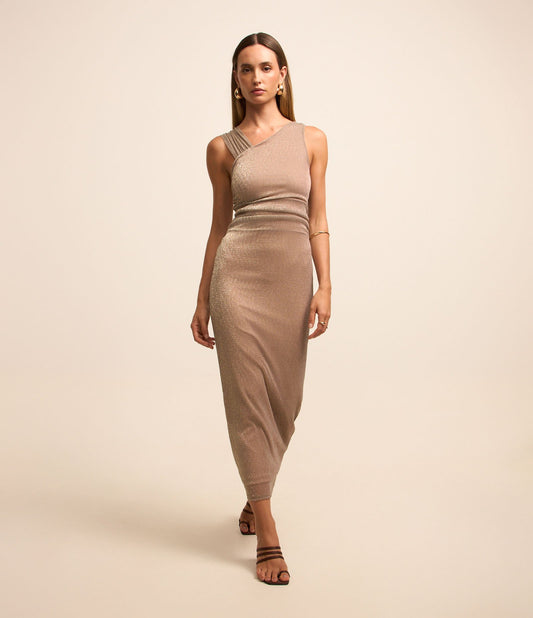 Vestito midi dritto in tulle scintillante con spalline dorate uniche nel loro genere