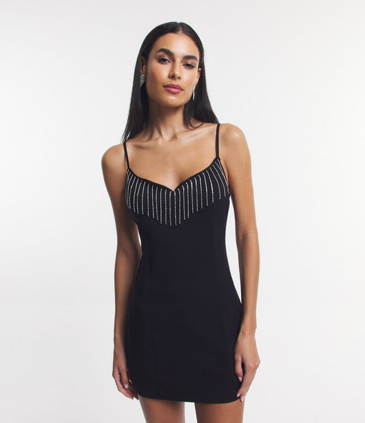 Abito corto nero con spalline e scollatura decorata con strass