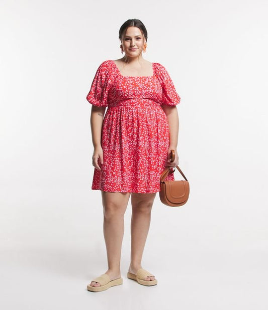 Vestido corto de viscosa con mangas abullonadas y estampado Liberty, Curvas y tallas grandes, Rojo