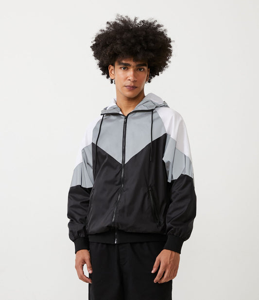 Polyamide Jacket with Hood, Color Block Panels, and Reflective Details in Black