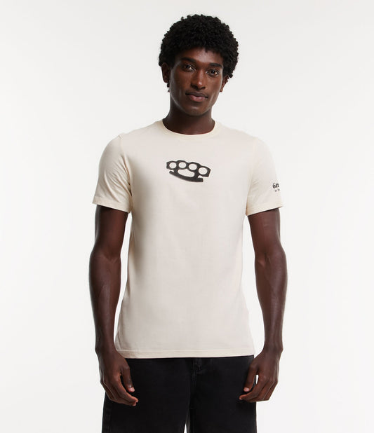 Maglietta regular fit in jersey beige con stampa di nocche d'ottone