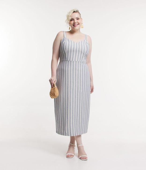 Vestido Midi de Tweed com estampa étnica, Tcurve e Plus Size, azul/branco
