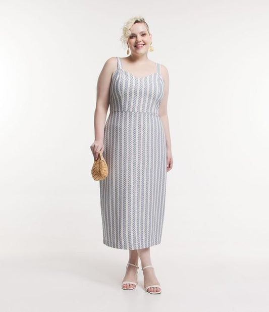 Vestido Midi Tweed con Estampado Étnico, Tcurve y Tallas Grandes, Azul/Blanco