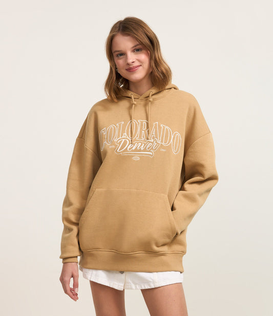 Moletom com Capuz Fechado em Tecido de Moletom Estampado Colorado Bege