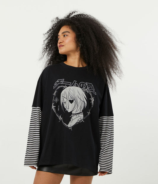 Long Cotton Blouse with Oriental Print and Layered Sleeves in Black