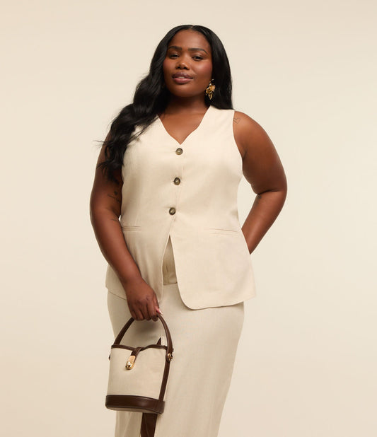 Gilet lungo sartoriale in Viscolinen Curve & Plus Size Off White