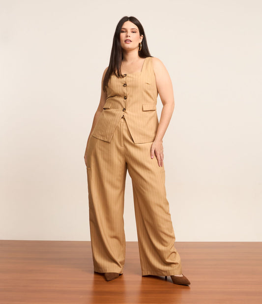Pantaloni sartoriali a gamba larga con cravatta, Curve e taglie forti, beige caramello