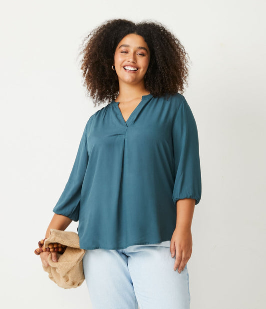 Blusa de viscose com detalhe franzido, Curve & Plus Size, azul