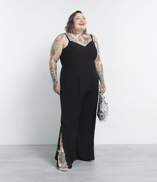 Tuta a gamba larga in viscosa con bottoni, Curve e taglie forti, Jessica Lopes Collection, nero