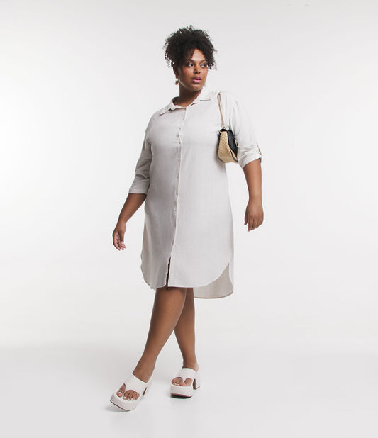 Vestido longo com camisa viscolinho e botões, Curve & Plus Size, bege areia