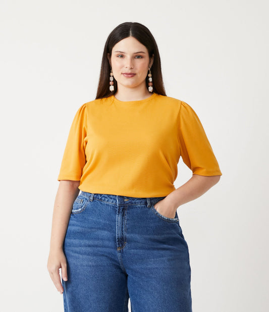 Blusa de malha texturizada com mangas bufantes - Curve e Plus Size - Amarelo