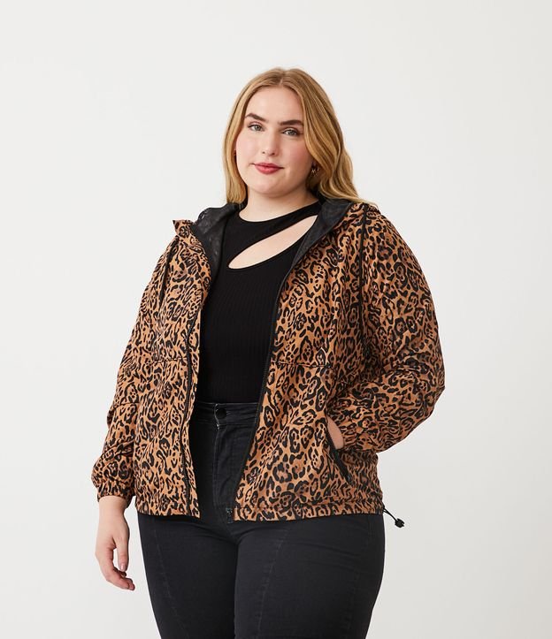 Giacca a vento marrone con stampa animalier, Curve e taglie forti