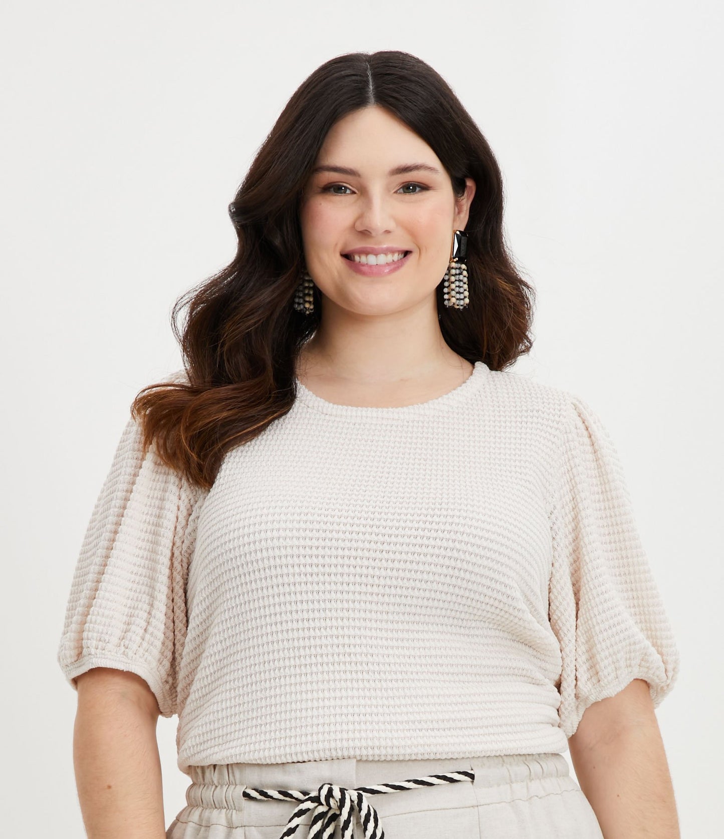 Camicetta a maniche corte in maglia beige - Curve e taglie forti