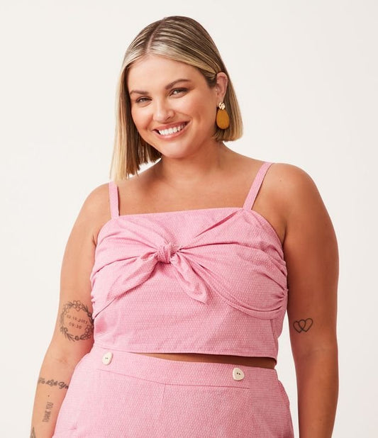 Blusa cropped de algodão com frente amarrada, Curve & Plus Size, rosa