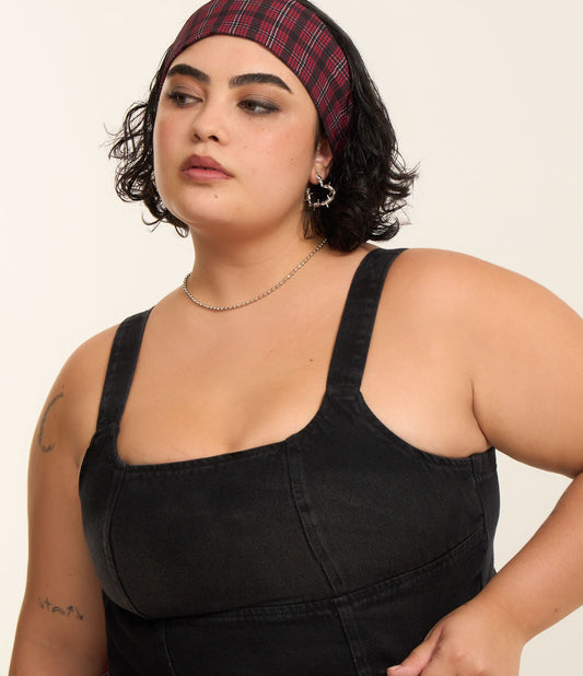 Top in denim nero Curve e taglie forti con ritagli di tessuto