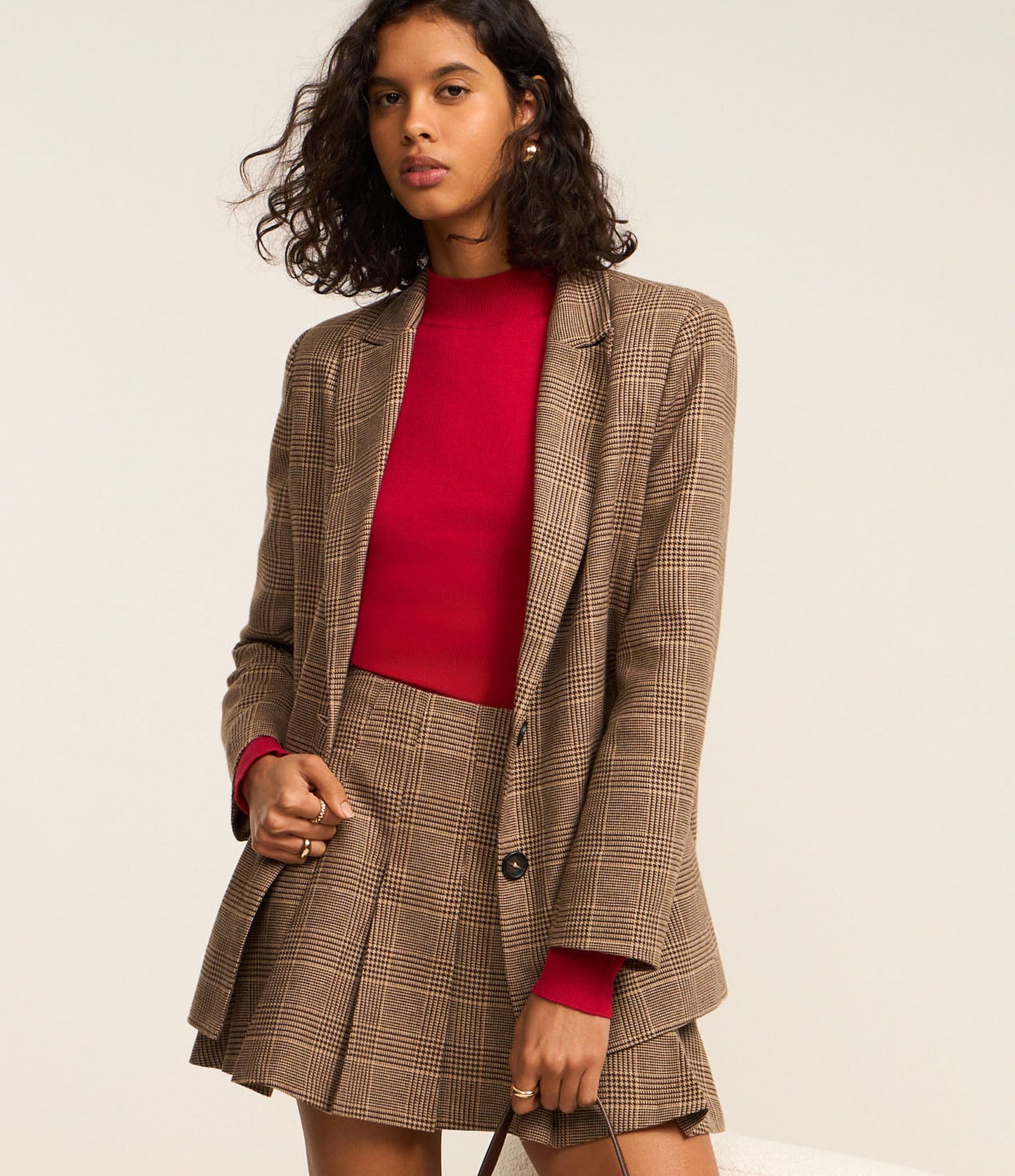 Blazer Oversized Marrom com Estampa Prince of Wales em Poliveludo