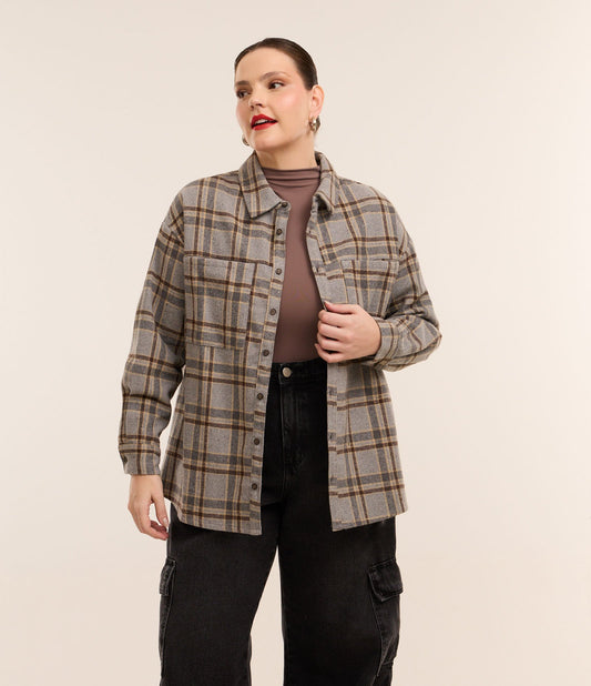 Camicia di flanella grigia a quadri con tasca - Curve e taglie forti