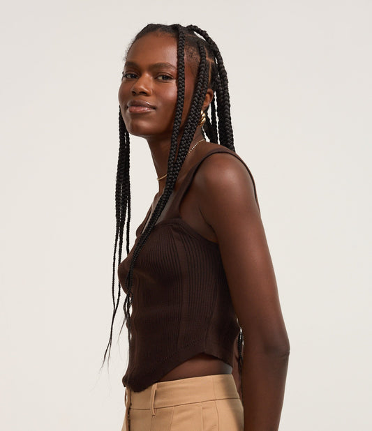 Brown Ribbed Textured Knit Corset Blouse