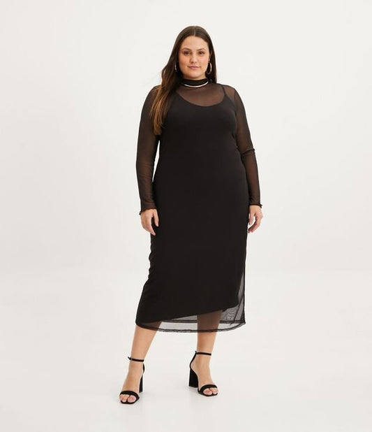 Vestido midi de tule preto com mangas longas - Curve e Plus Size