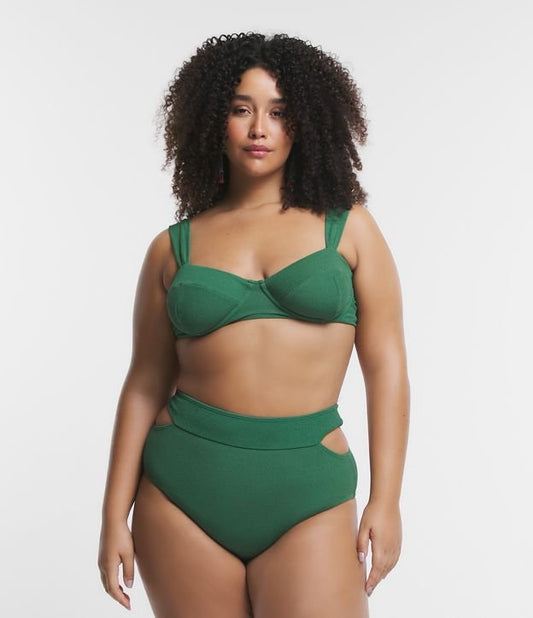 Braguita de bikini de cintura alta de poliamida con detalle recortado, Curvas y tallas grandes, Verde