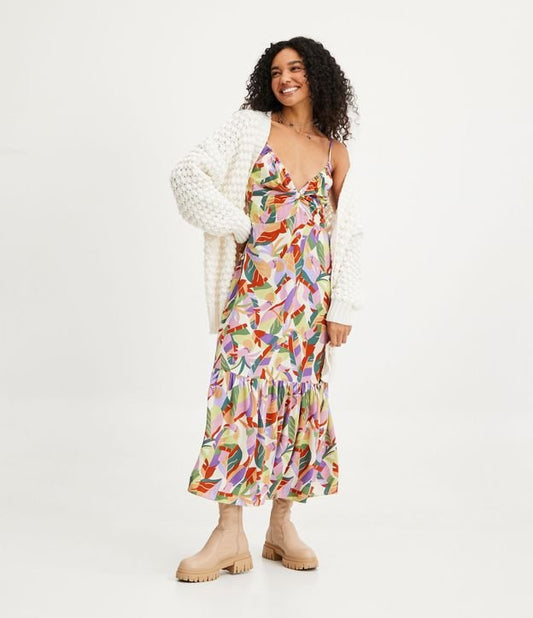 Novo vestido midi de viscose com estampa de tucano multicolorido e alças