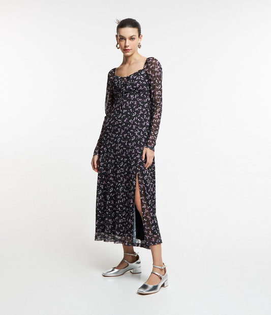 Vestido Midi con Estampado Floral Liberty en Tul Negro con Lazo al Cuello