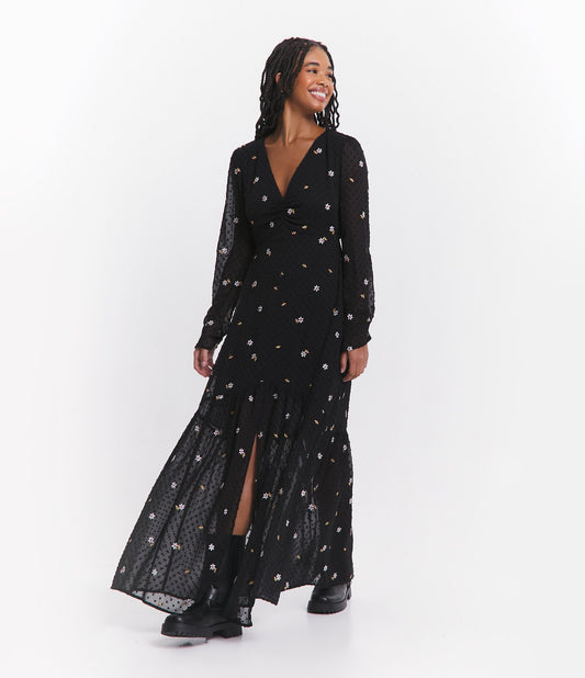 Abito lungo in chiffon con ricamo floreale nero